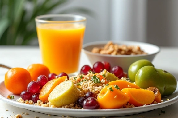A vibrant breakfast spread with tropical fruits, oatmeal, and a glass of juice, showcasing healthy Indonesian breakfast options.