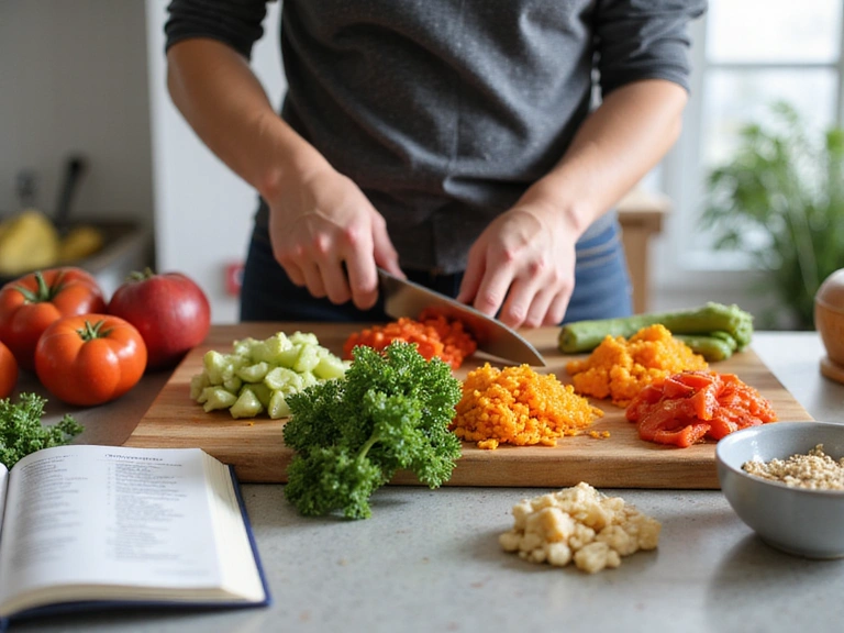 A person happily preparing a healthy, colorful meal in a modern kitchen, with fresh ingredients on the counter.